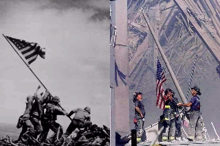 American flag being raised in the face of battles